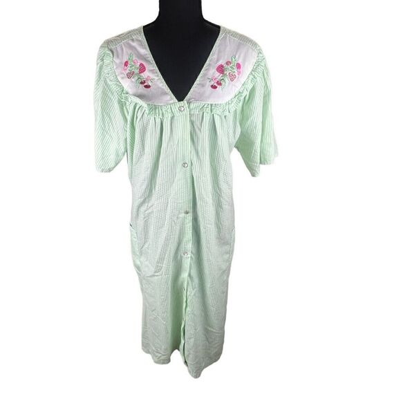 Vintage simply basic green white stripes strawberry collar housecoat MuMu 1x - Picture 1 of 6